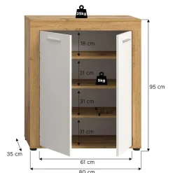 Hioshop Jam schoenenkast 2 deuren wit- eik decor