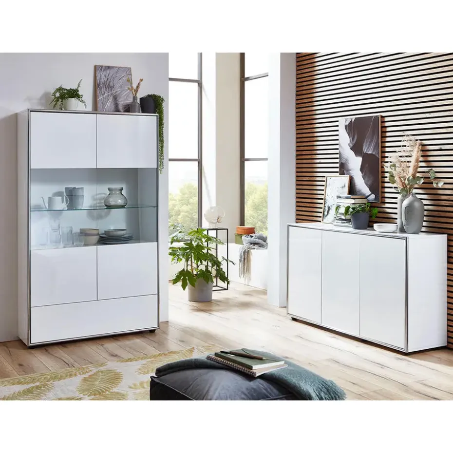 Hioshop Kenan vitrinekast 2 deuren- 1 lade wit hoogglans gelakt