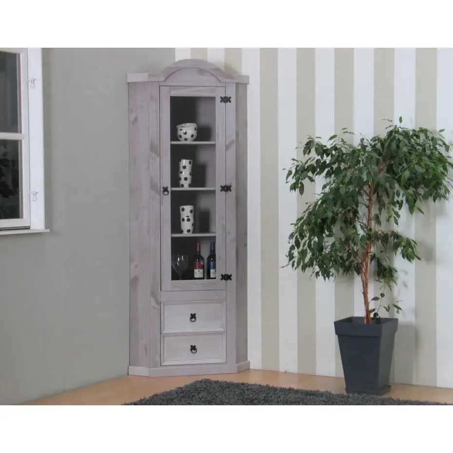 Hioshop New Mexico hoekkast hoekvitrine grijs grenen