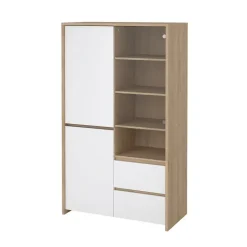 Hioshop Next vitrinekast 3 deuren- 2 lades- 1 plank eiken decor- wit hoogglans