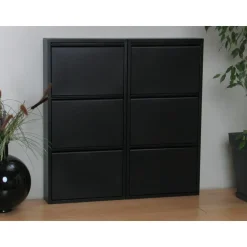 Hioshop Pisa schoenenkast zwart metaal met 3 vakken - set van 2