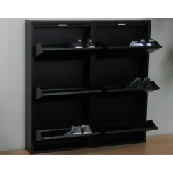 Hioshop Pisa schoenenkast zwart metaal met 3 vakken - set van 2