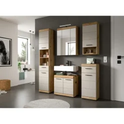 Hioshop Scout spiegelkast inclusief verlichting 3 spiegeldeuren eiken decor