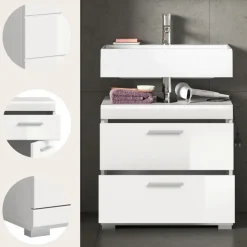 Hioshop Scout wastafel 2 deuren- 2 lades- 2 planken wit hoogglans- wit