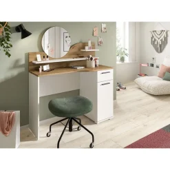 Hioshop Vanity kaptafel met spiegel 1 lade 1 deur 2 planken wit