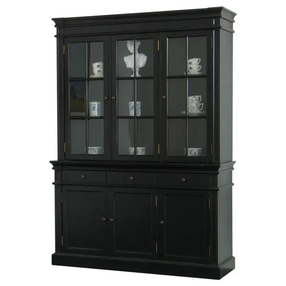 Hioshop Winkelkast buffetkast vitrine met opzet antiek zwart massief hout