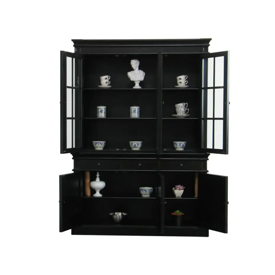 Hioshop Winkelkast buffetkast vitrine met opzet antiek zwart massief hout