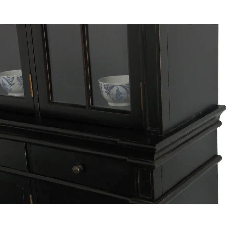 Hioshop Winkelkast buffetkast vitrine met opzet antiek zwart massief hout