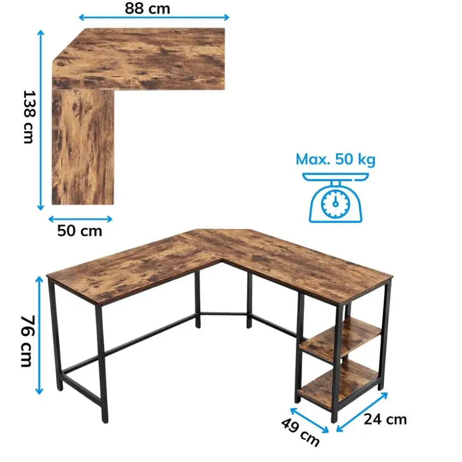 Hoekbureau - vintage - 2 legplanken - 138x76x138 cm - vintage bruin