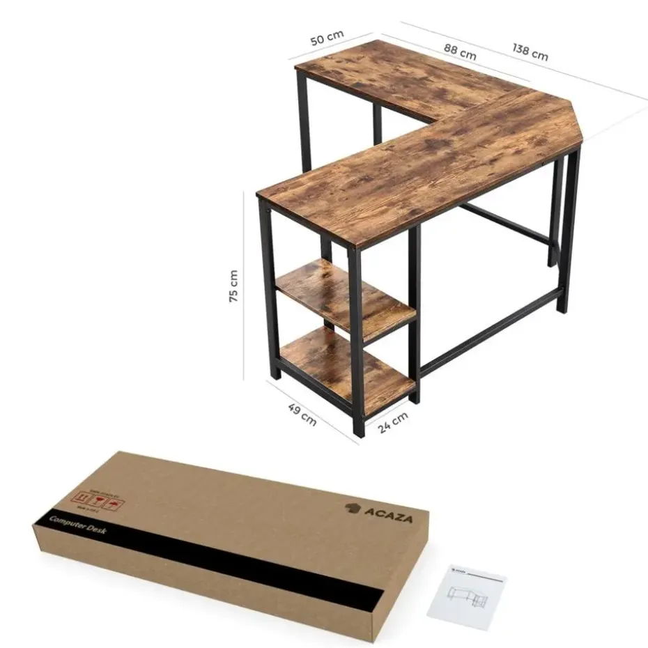 Hoekbureau - vintage - 2 legplanken - 138x76x138 cm - vintage bruin