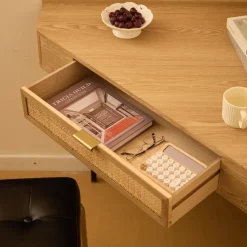 Hoekbureau van hout en rotan met 1 lade en metalen poten