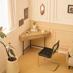 Hoekbureau van hout en rotan met 1 lade en metalen poten