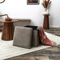 Home Deco - Poefje - opbergbox - rib - zacht taupe - 38 x 38cm