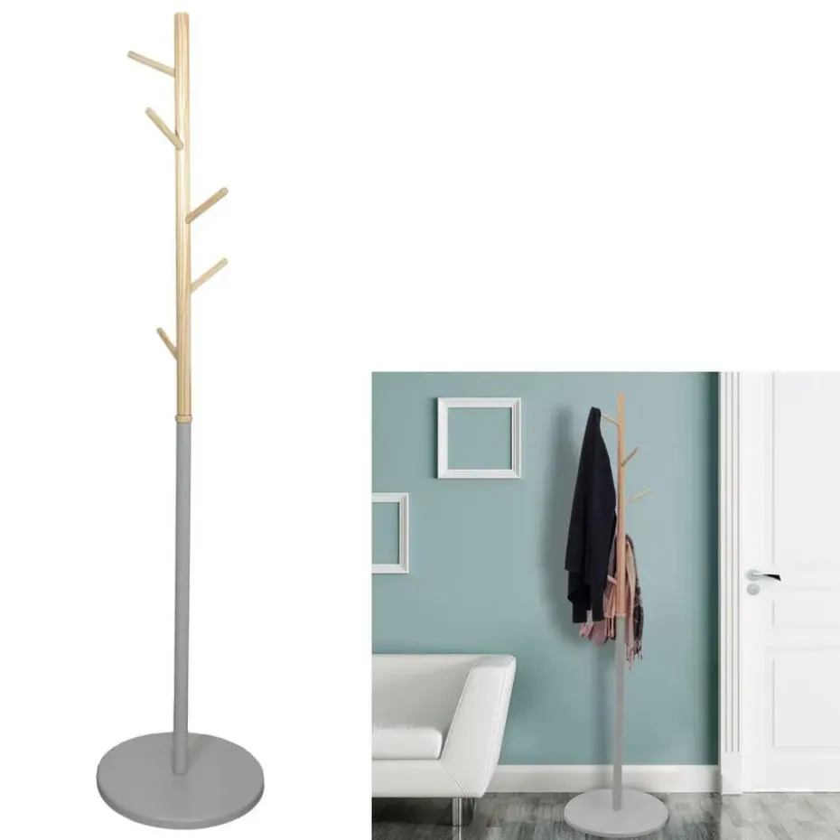 Home Deco Factory Kapstok - grijs - metaal/hout - 6 haken - 180cm