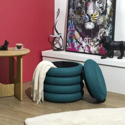 Home Deco Factory Poef/krukje - boucle - petrol - D37 x H44 cm