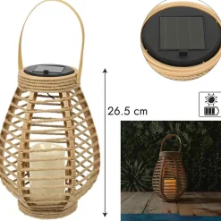 Home deco factory Zonnelantaarn tafellamp - Solar -rotan - 26,5 cm -kaarseffect