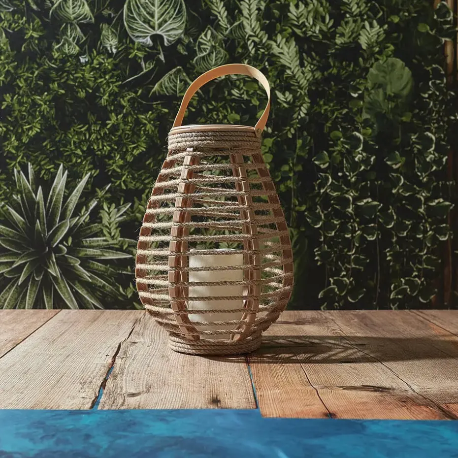 Home deco factory Zonnelantaarn tafellamp - Solar -rotan - 26,5 cm -kaarseffect