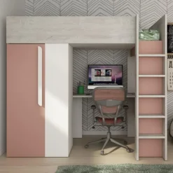 Hoogslaper Beau 90x200 met bureau & kast - oudroze