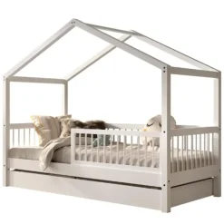 Huisbed Forrest 90x200cm met bedhekje en bedlade - wit beukenhout