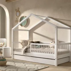 Huisbed Forrest 90x200cm met bedhekje en bedlade - wit beukenhout