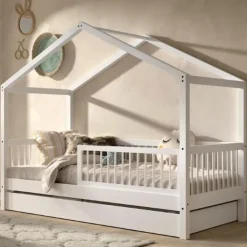 Huisbed Forrest 90x200cm met bedhekje en bedlade - wit beukenhout