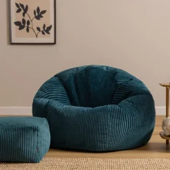 icon - Kingston XL Zitzak Fauteuil met Poef - Ribfluweel - Blauwgroen