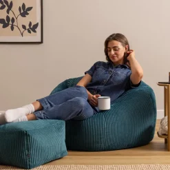 icon - Kingston XL Zitzak Fauteuil met Poef - Ribfluweel - Blauwgroen