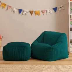 icon - Natalia Kinderzitzak Stoel met Poef - Ribfluweel - Blauwgroen