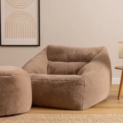 icon - Natalia XL Zitzak Fauteuil met Ronde Poef - Imitatiebont - Mocha