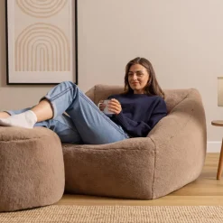 icon - Natalia XL Zitzak Fauteuil met Ronde Poef - Imitatiebont - Mocha