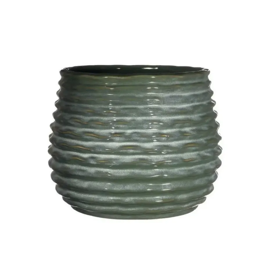 Ideas4seasons Plantenpot ribbel - donkergroen - D14 x H10 cm
