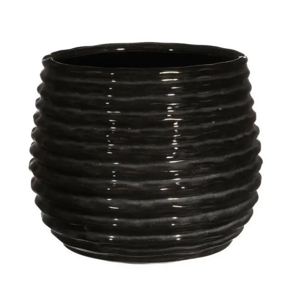 Ideas4seasons Plantenpot ribbel - zwart - D14 x H10 cm