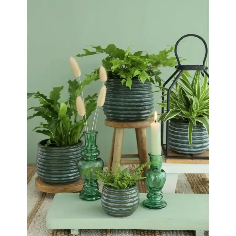 Ideas4seasons Plantenpot ribbel - donkergroen - D16 x H13 cm