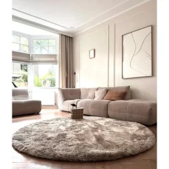 Interieur05 Rond Hoogpolig vloerkleed Odelia beige/wit - 200 x 200 cm