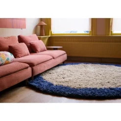 Interieur05 rond hoogpolig vloerkleed polyester Pilo beige/blauw - 240 x 240 cm
