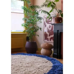 Interieur05 rond hoogpolig vloerkleed polyester Pilo beige/blauw - 240 x 240 cm