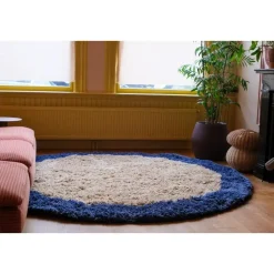Interieur05 rond hoogpolig vloerkleed polyester Pilo beige/blauw - 240 x 240 cm