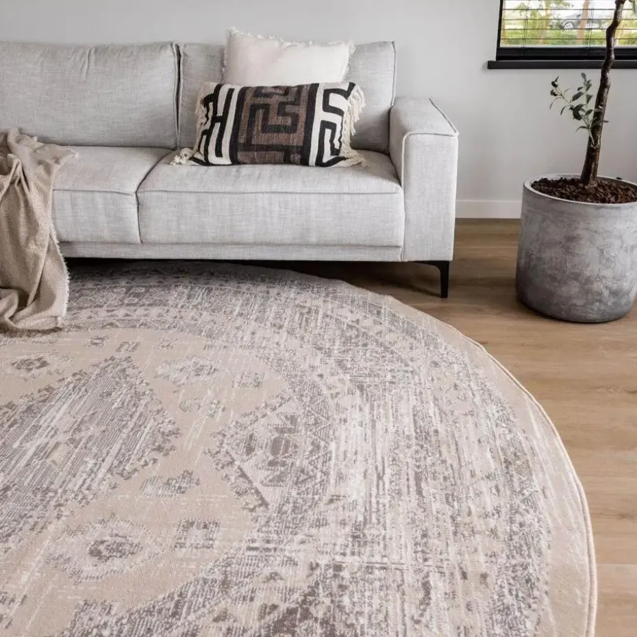 Interieur05 rond vintage Aila vloerkleed zand/beige - 240 x 240 cm