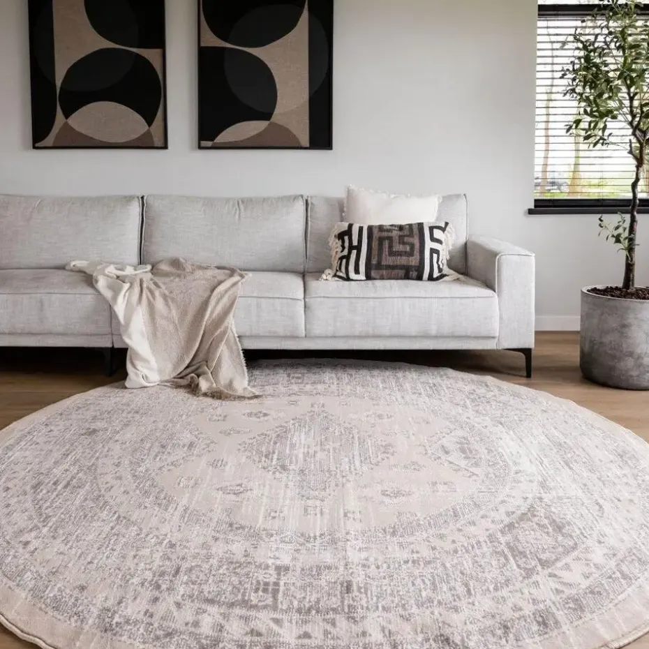 Interieur05 rond vintage Aila vloerkleed zand/beige - 120 x 120 cm