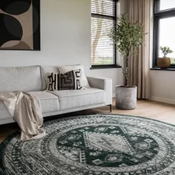 Interieur05 rond vintage vloerkleed Aila groen - 120 x 120 cm