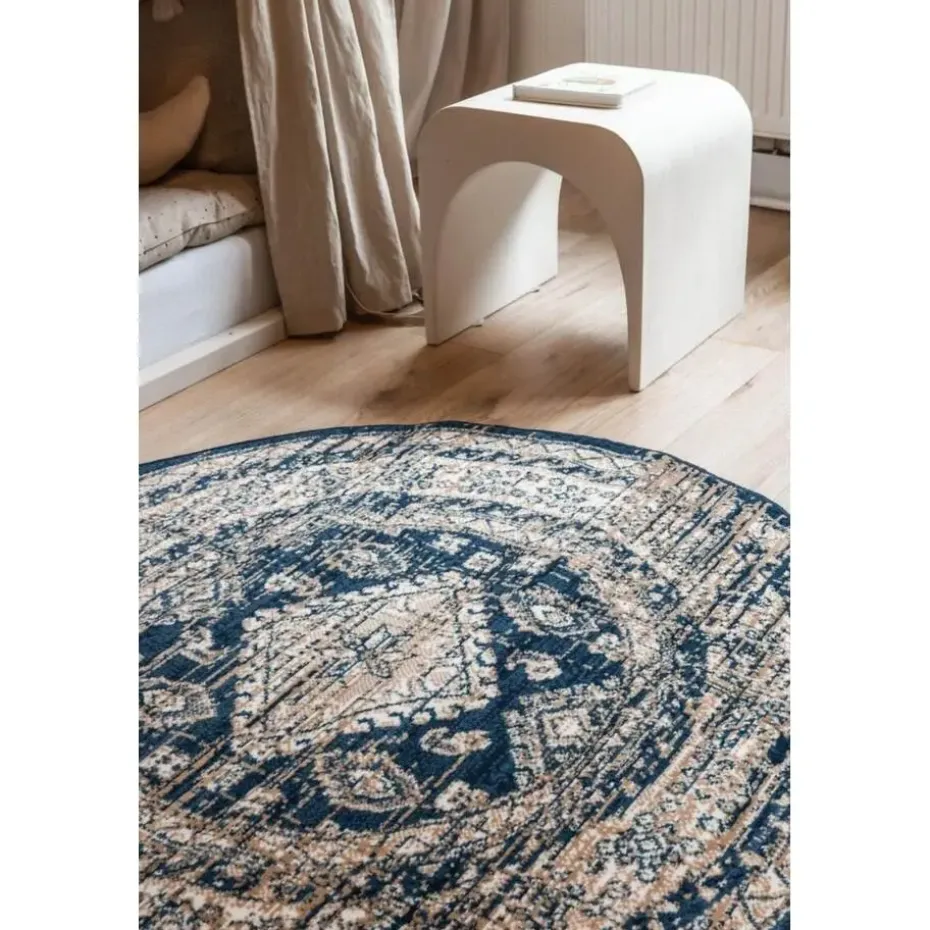 Interieur05 rond vintage vloerkleed Aila blauw - 120 x 120 cm