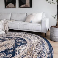 Interieur05 rond vintage vloerkleed Aila blauw - 120 x 120 cm