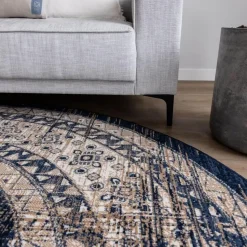 Interieur05 rond vintage vloerkleed Aila blauw - 120 x 120 cm
