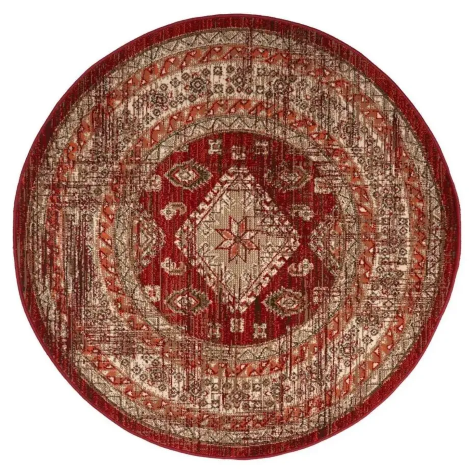 Interieur05 rond vintage vloerkleed Aila rood/oranje - 120 x 120 cm