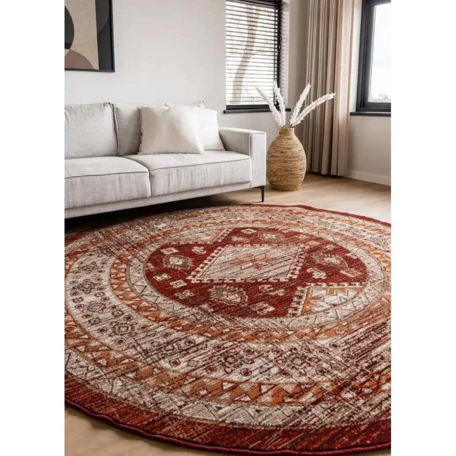 Interieur05 rond vintage vloerkleed Aila rood/oranje - 120 x 120 cm