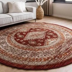 Interieur05 rond vintage vloerkleed Aila rood/oranje - 120 x 120 cm