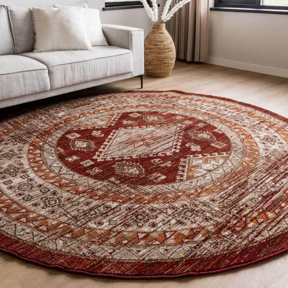 Interieur05 rond vintage vloerkleed Aila rood/oranje - 120 x 120 cm