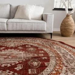 Interieur05 rond vintage vloerkleed Aila rood/oranje - 120 x 120 cm