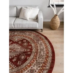 Interieur05 rond vintage vloerkleed Aila rood/oranje - 120 x 120 cm
