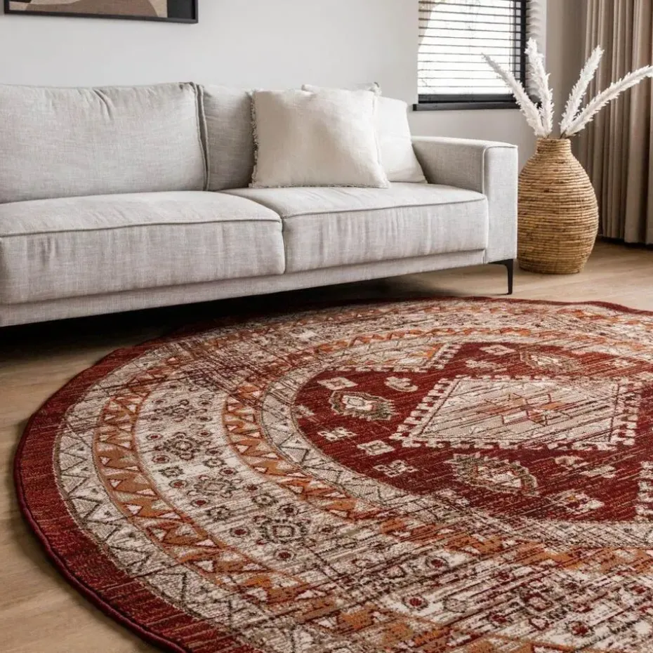Interieur05 rond vintage vloerkleed Aila rood/oranje - 120 x 120 cm